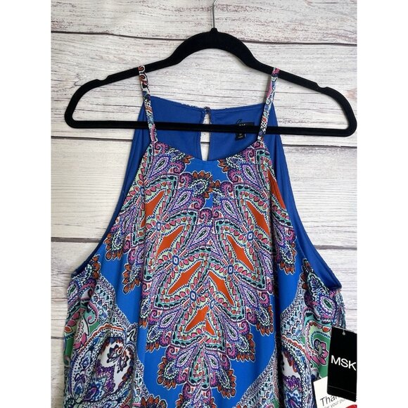 MSK Handkerchief Dress Size 16 Halter Top Paisley Green Blue BOHO Hippie Gypsy - Picture 3 of 16